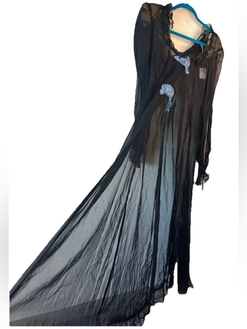 Vintage Odette Barsa Black Sheer Lace Robe Maxi Goth Witchy XS READ